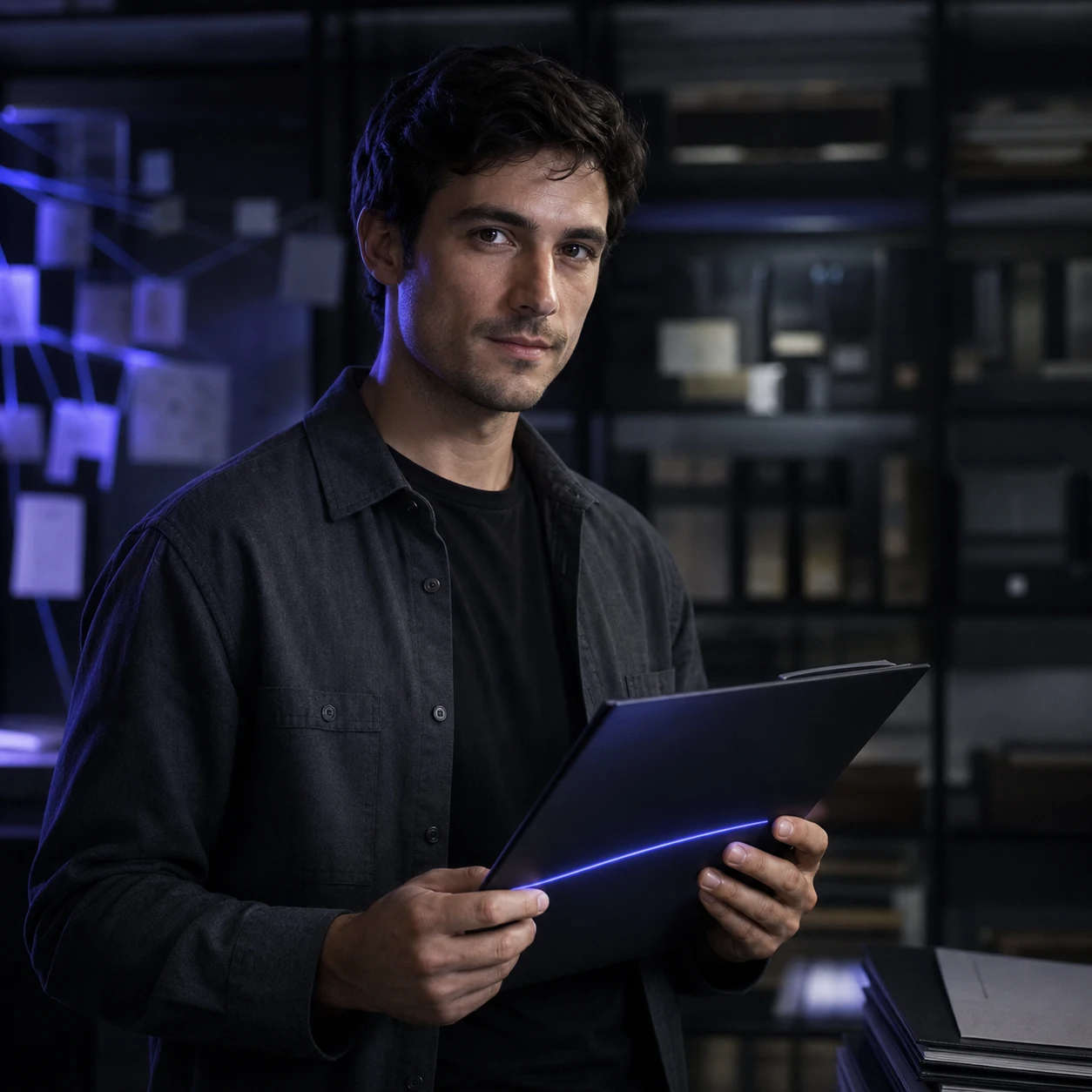 Quill, a thoughtful editorial archivist holding a dark folio crossed by an indigo thread